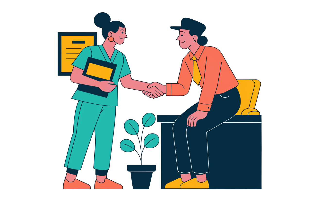 A newly certified nursing assistant shakes hands with a manager at a reception desk