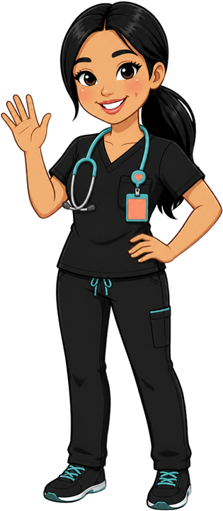 Nurse Tiffany, a cartoon nurse in black scrubs, waving