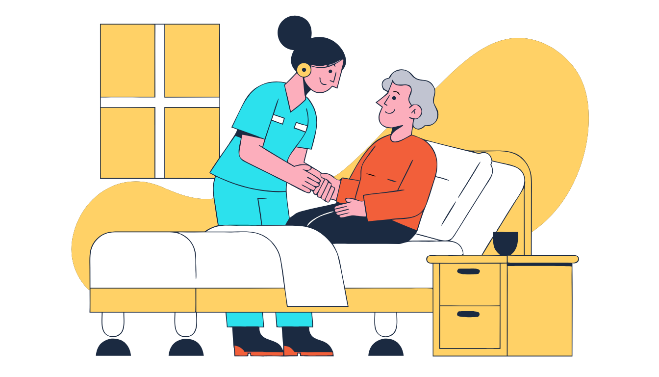 A nursing assistant in teal scrubs holds a smiling resident's hand at the bedside.