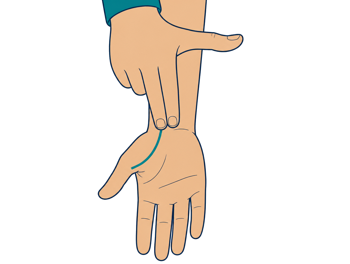 Two fingertips rest on the thumb side of a resident's upturned wrist over the radial artery. The caregiver's thumb is raised away.