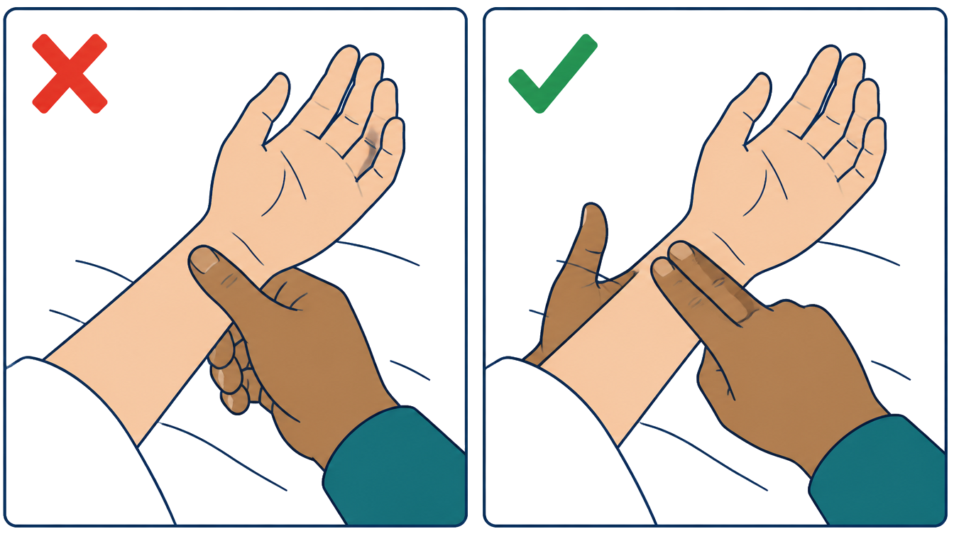 Left: a thumb pressed on the wrist, marked with an X. Right: two fingertips on the thumb side of the wrist, marked with a check.